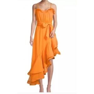 NWT Elliatt Orange Asymmetrical Ruffled Maldives Midi Dress in Mango XS Cocktail